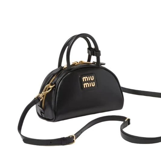 Miu Miu Leather Top-Handle Bag With Metal Lettering Logo And Gold-Tone Hardware Black