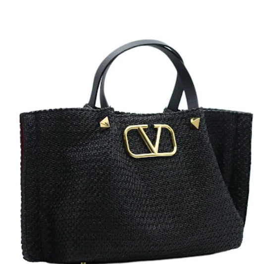 Valentino Garavani Medium Straw Summer Tote Natural Shopper Black
