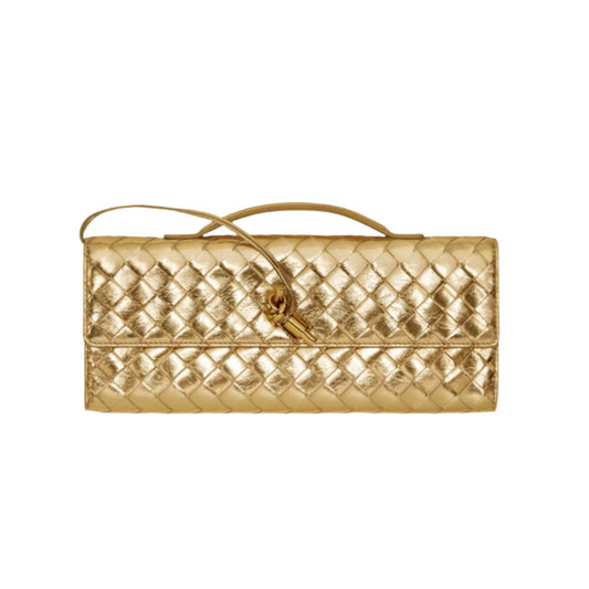 Bottega Veneta Andiamo Clutch Metallic Gold Leather With Knotted Strap