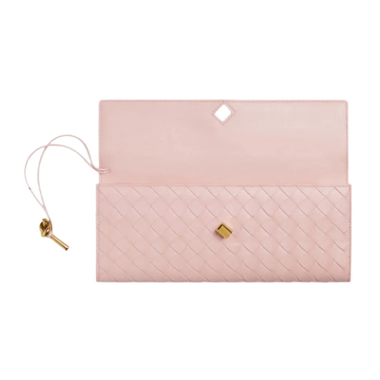 Bottega Veneta Andiamo Clutch Rose Pink Leather with Knotted Strap Feminine Italian Elegance
