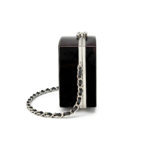 Chanel Black Patent Leather and Silver Mirror Minaudière Silver Hardware