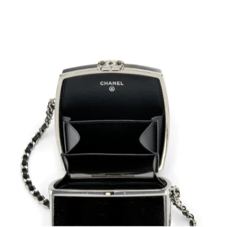 Chanel Black Patent Leather and Silver Mirror Minaudière Silver Hardware