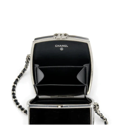 Chanel Black Patent Leather and Silver Mirror Minaudière Silver Hardware