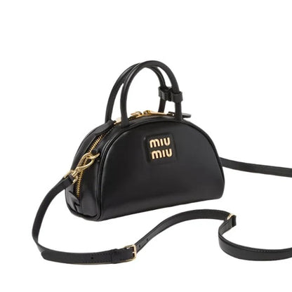 Miu Miu Leather Top-Handle Bag With Metal Lettering Logo And Gold-Tone Hardware Black