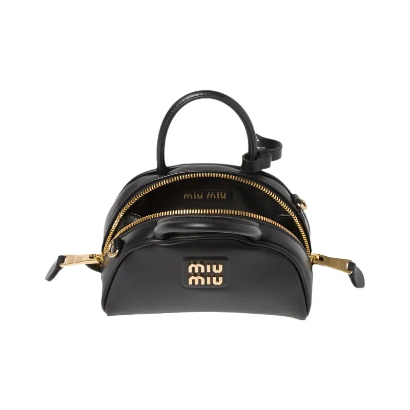 Miu Miu Leather Top-Handle Bag With Metal Lettering Logo And Gold-Tone Hardware Black