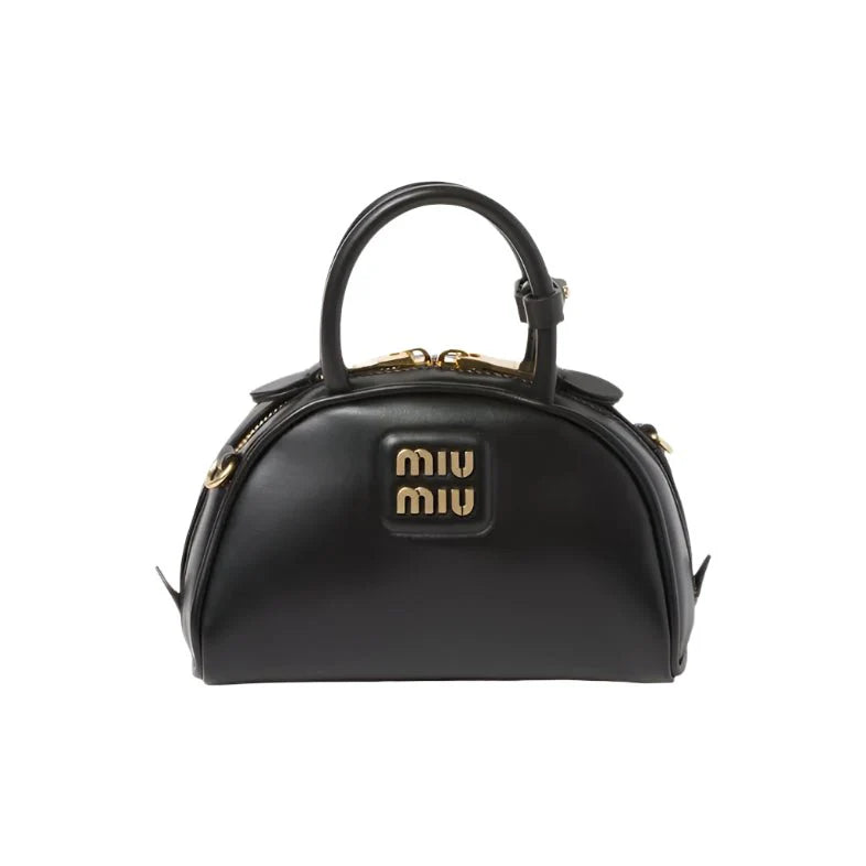Miu Miu Leather Top-Handle Bag With Metal Lettering Logo And Gold-Tone Hardware Black