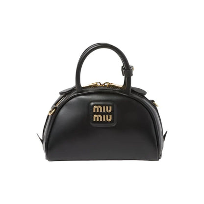 Miu Miu Leather Top-Handle Bag With Metal Lettering Logo And Gold-Tone Hardware Black