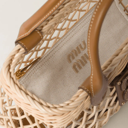 Miu Miu Woven Fabric Handbag With Leather Trim Tan/Caramel