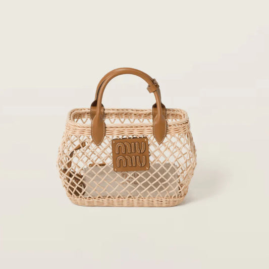 Miu Miu Woven Fabric Handbag With Leather Trim Tan/Caramel