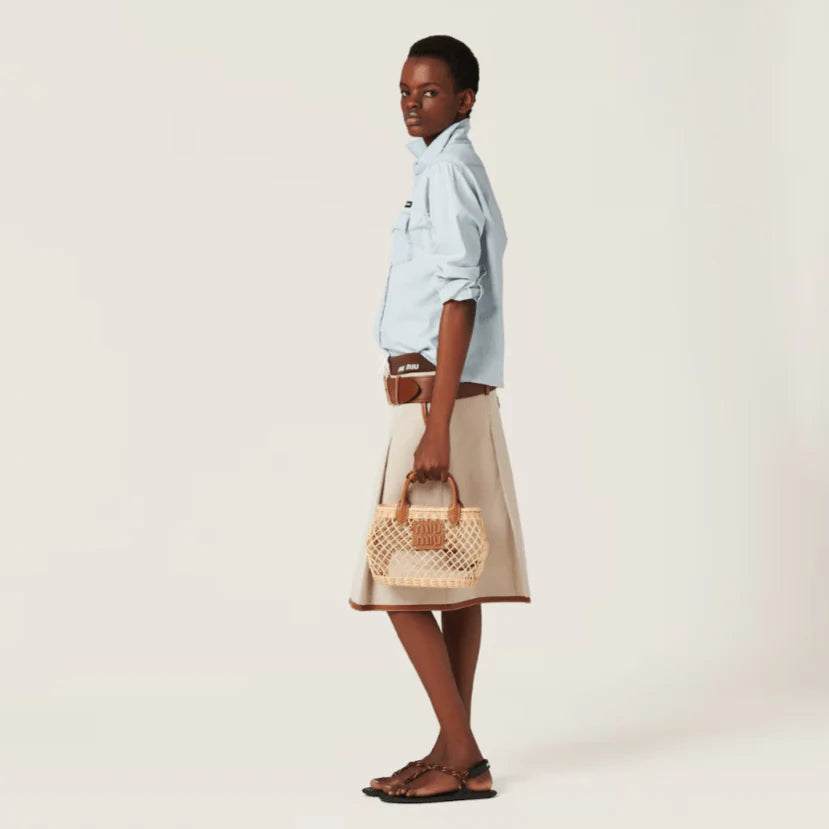 Miu Miu Woven Fabric Handbag With Leather Trim Tan/Caramel