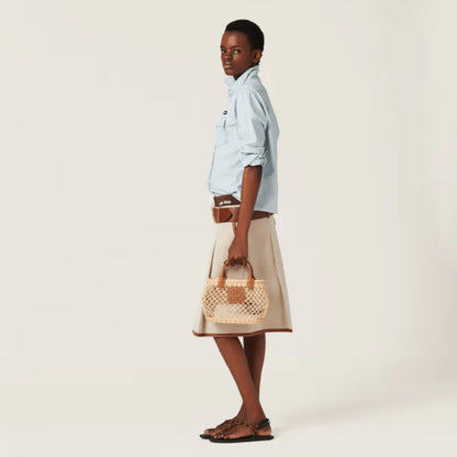 Miu Miu Woven Fabric Handbag With Leather Trim Tan/Caramel
