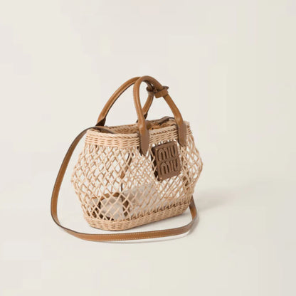 Miu Miu Woven Fabric Handbag With Leather Trim Tan/Caramel