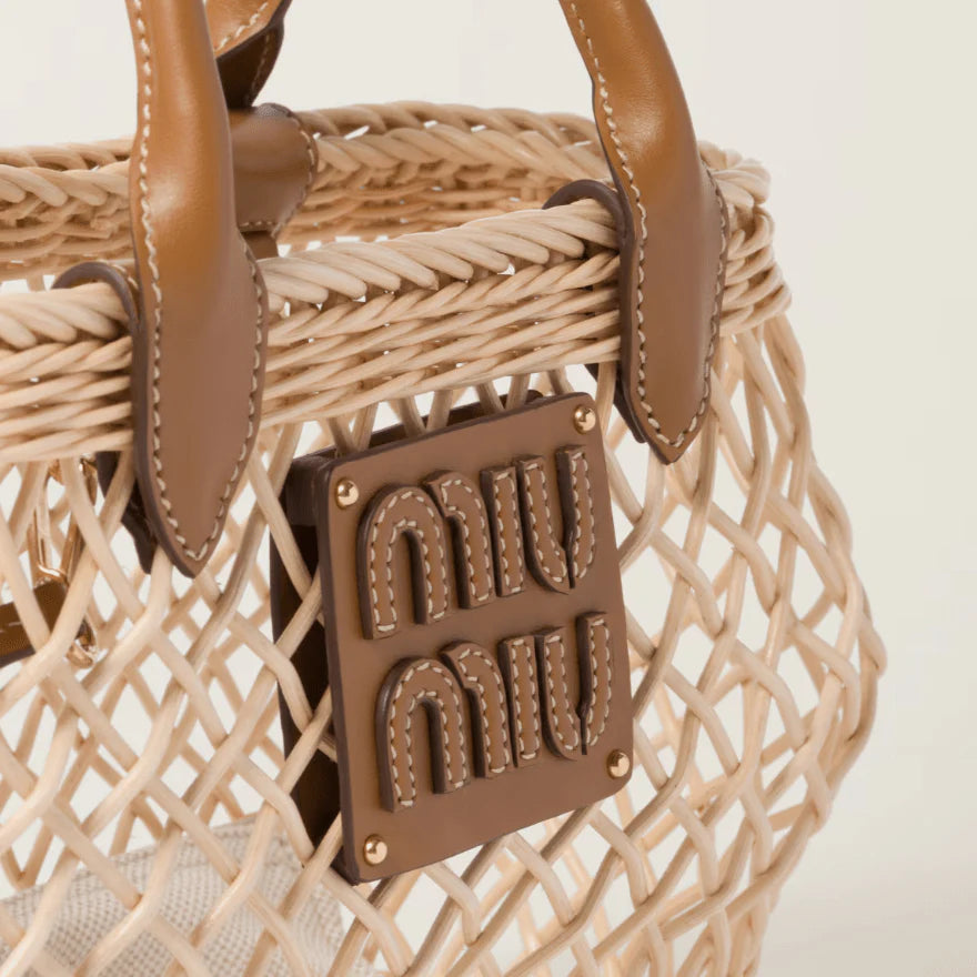 Miu Miu Woven Fabric Handbag With Leather Trim Tan/Caramel