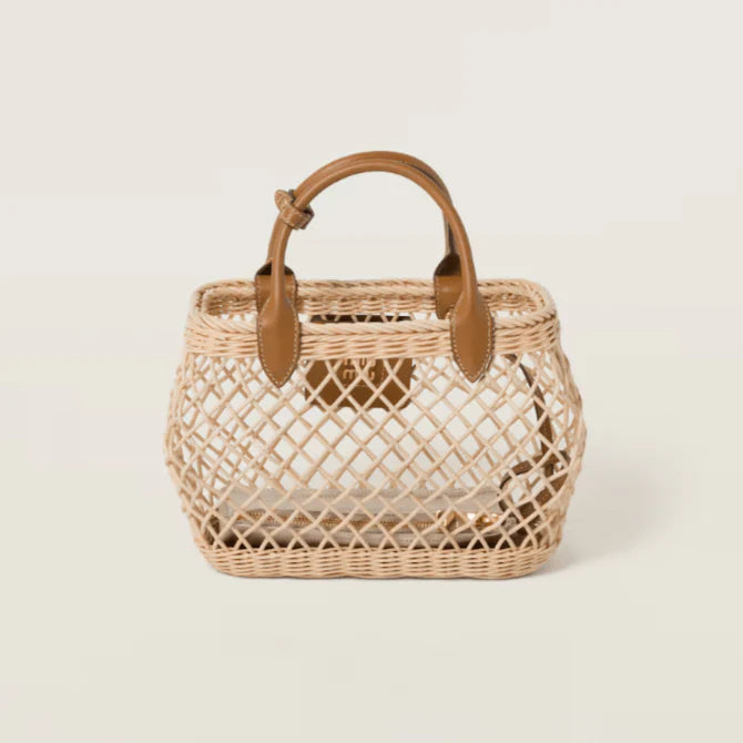 Miu Miu Woven Fabric Handbag With Leather Trim Tan/Caramel