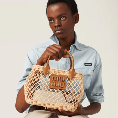 Miu Miu Woven Fabric Handbag With Leather Trim Tan/Caramel