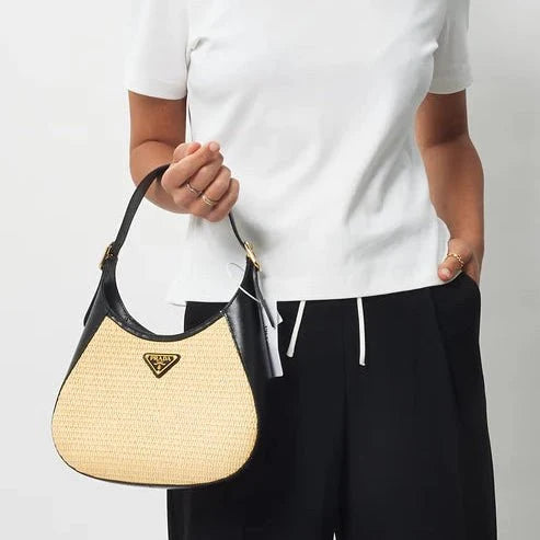 Prada Beige Raffia & Black Leather Small Cleo Bag