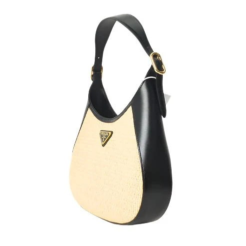 Prada Beige Raffia & Black Leather Small Cleo Bag