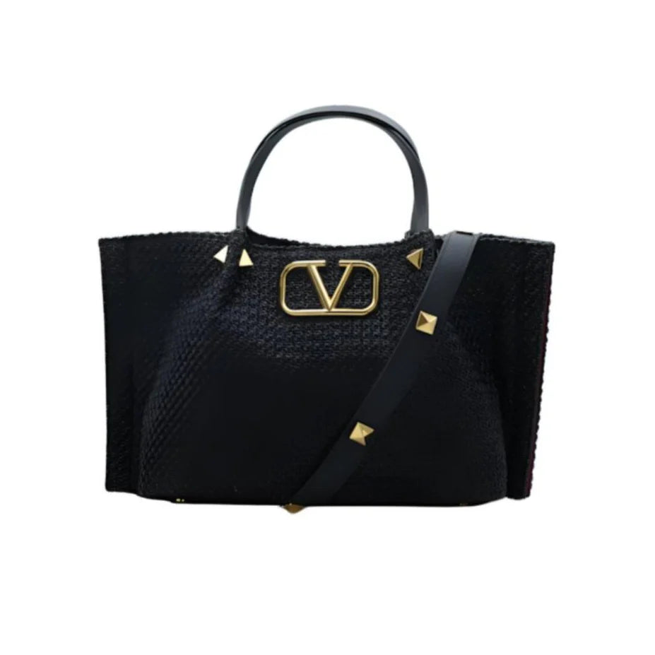 Valentino Garavani Medium Straw Summer Tote Natural Shopper Black