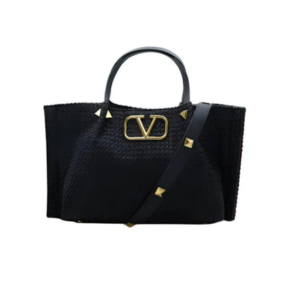 Valentino Garavani Medium Straw Summer Tote Natural Shopper Black