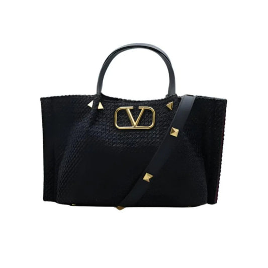 Valentino Garavani Medium Straw Summer Tote Natural Shopper Black