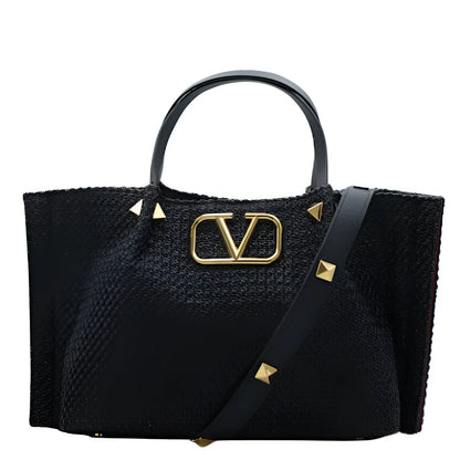 Valentino Garavani Medium Straw Summer Tote Natural Shopper Black