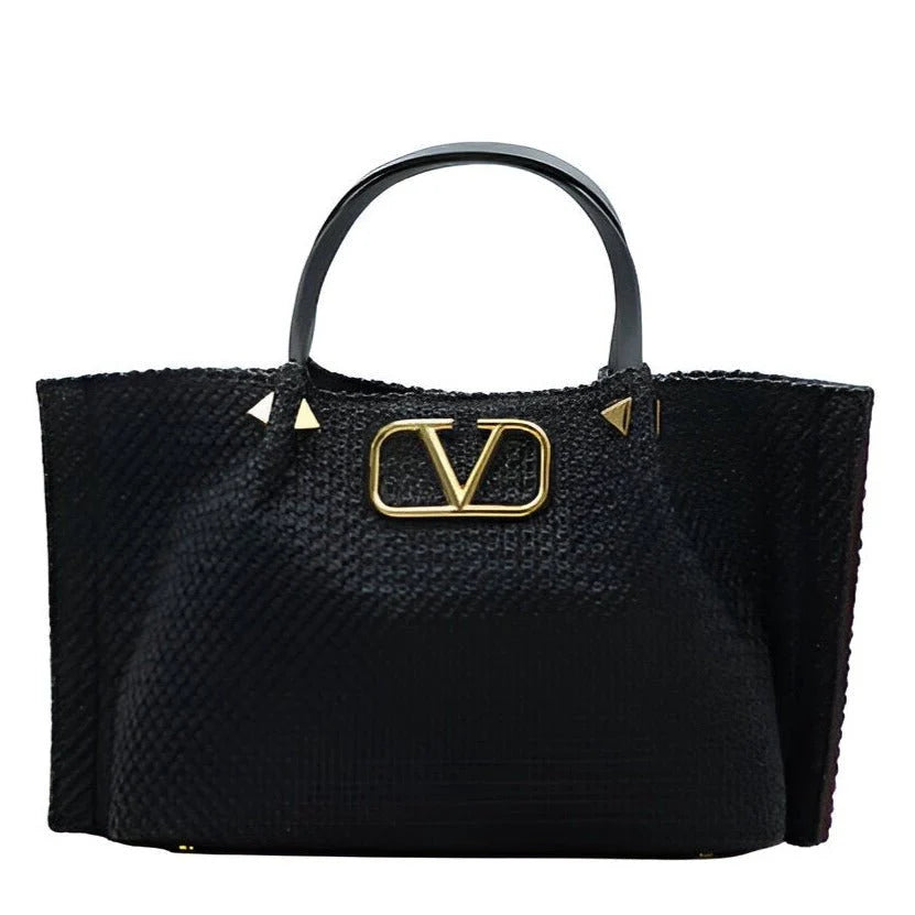 Valentino Garavani Medium Straw Summer Tote Natural Shopper Black