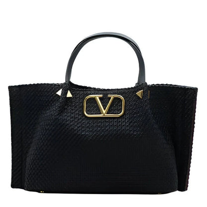Valentino Garavani Medium Straw Summer Tote Natural Shopper Black