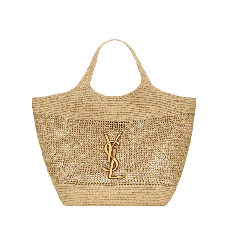 Yves Saint Laurent Icare In Raffia Naturel And Brown Gold