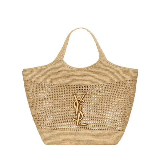 Yves Saint Laurent Icare In Raffia Naturel And Brown Gold