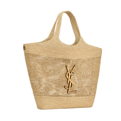 Yves Saint Laurent Icare In Raffia Naturel And Brown Gold